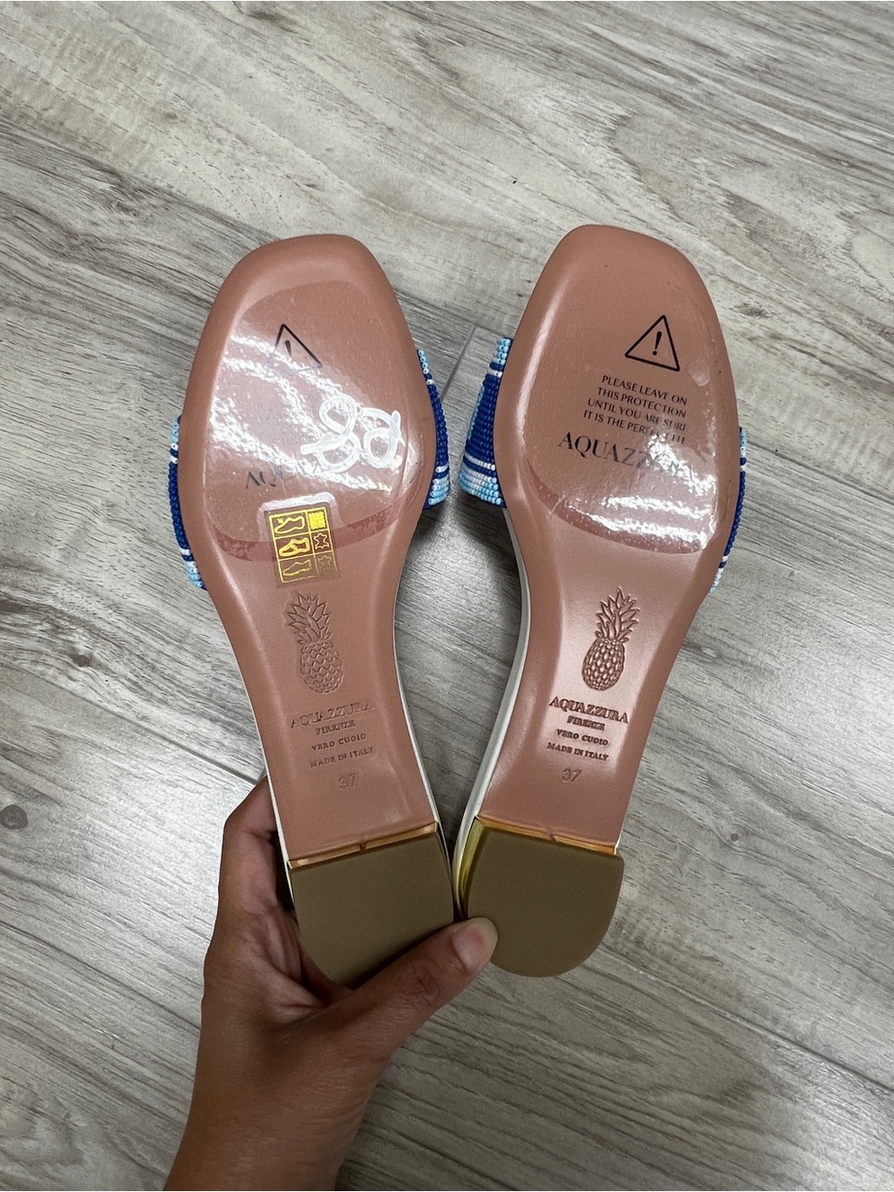 Aquazzura Mykonos Beaded Leather Slides White Blue Size EU 37 NWOT - Picture 9 of 15